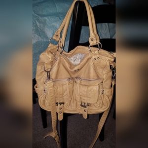 Relaxed, slouchy, washed leather satchel, tan color.
